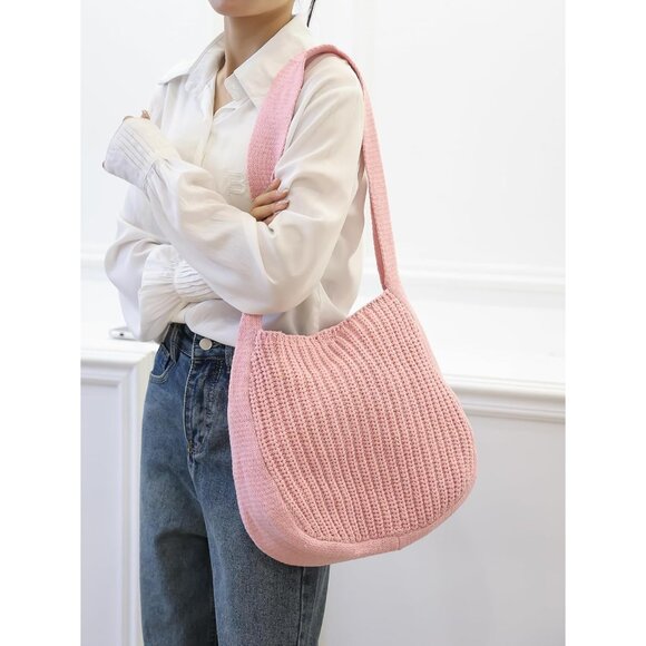 Women's Pink Shoulder Handbags Crocheted Bags Large Knit Bag Tote Bag - Picture 6 of 9